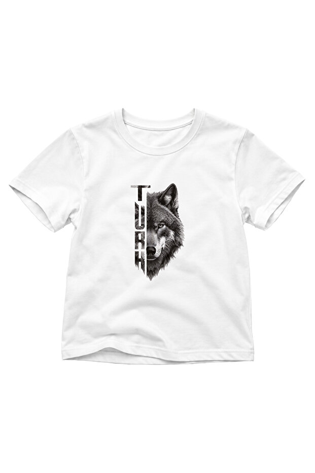 Children's Turkish Written Wolf Printed T-Shirt – Gray Wolf Themed Short Sleeve Crew Neck T-Shirt