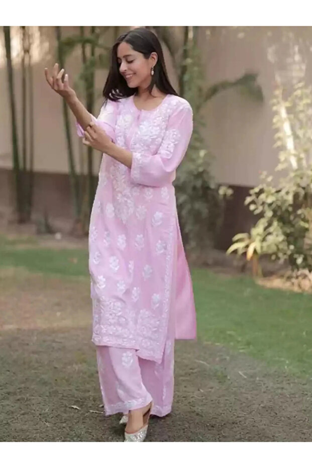 Light Pink Chikankari Embroidered Kurti Palazzo Set - HRT9709 | Light Pink-Size:L-40-Inches
