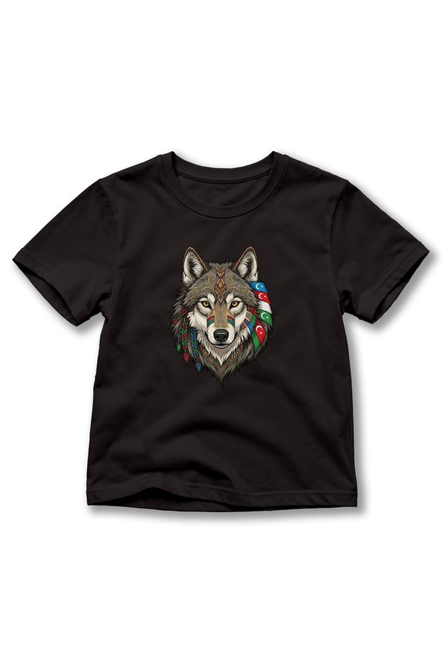 Children's Wolf Printed T-Shirt – Turkish World Flag Detailed Gray Wolf Themed Short Sleeve T-Shirt