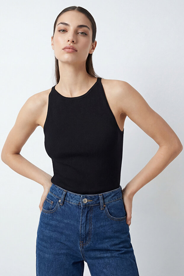 Women's Strappy Knitted Tank Top 1601 - Black