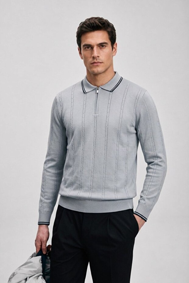 Men's Striped Zippered Polo Collar Gray Knit Sweater