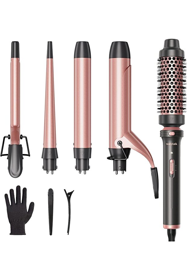 5 in 1 Curling Iron Set with Curling Brush and 4 Interchangeable Ceramic Curling Wand (0.35''-1.25”), Instant Heat Up, Dual Voltage Hair Curler, Rose Gold