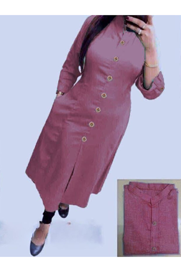 Pink Cotton Wooden Button Kurti - NJF2346 | Pink-Size:L-40-Inches