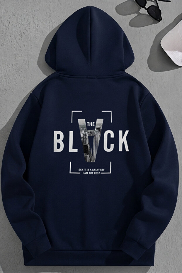 Unisex 3 Thread Cotton Navy Blue Sirtblack Print Loose Fit Sweatshirt Hoodie