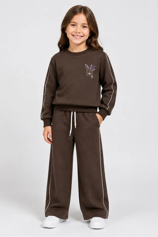 Girl's Brown Floral Embroidered Shoulder-Piped Sweatshirt and Palazzo Sweatpants Set