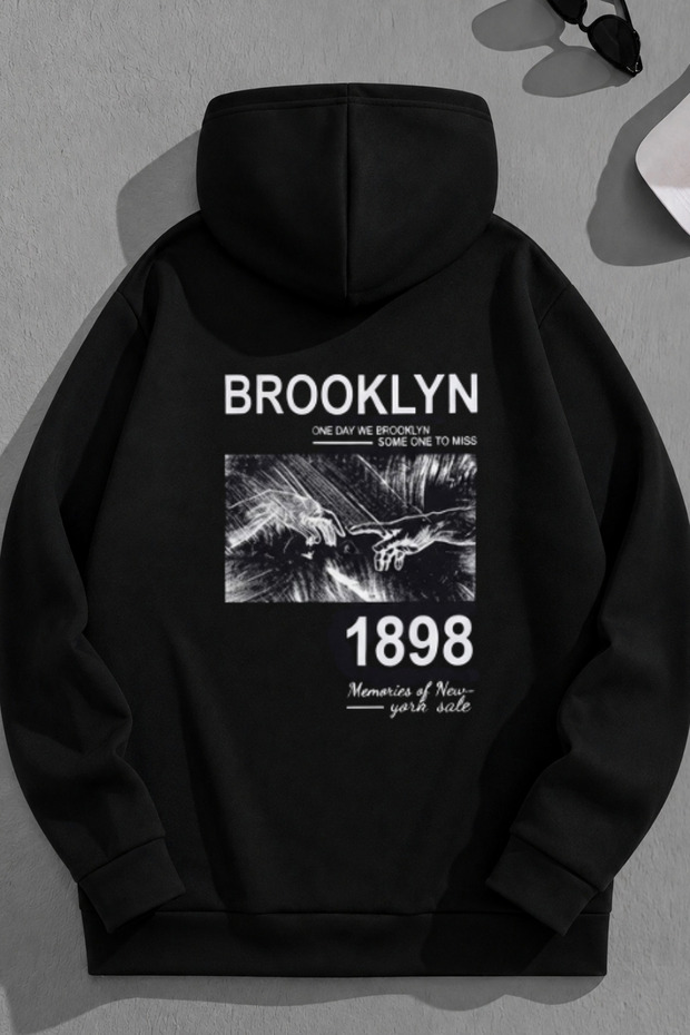 Unisex 3 Thread Cotton Black Brooklyneller Print Loose Fit Sweatshirt Hoodie