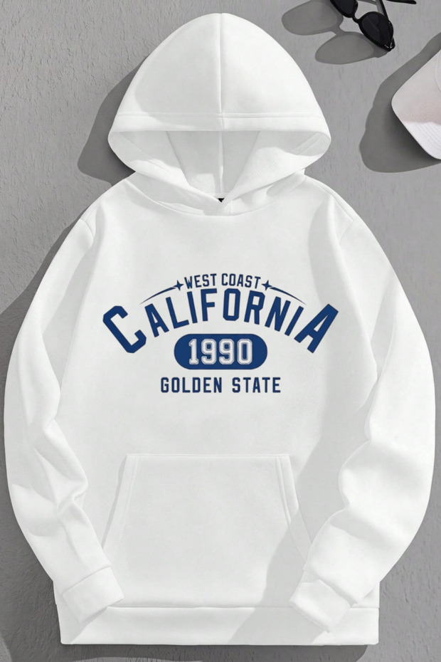 Unisex 3 Thread Cotton White Calif1990 Print Loose Fit Sweatshirt Hoodie