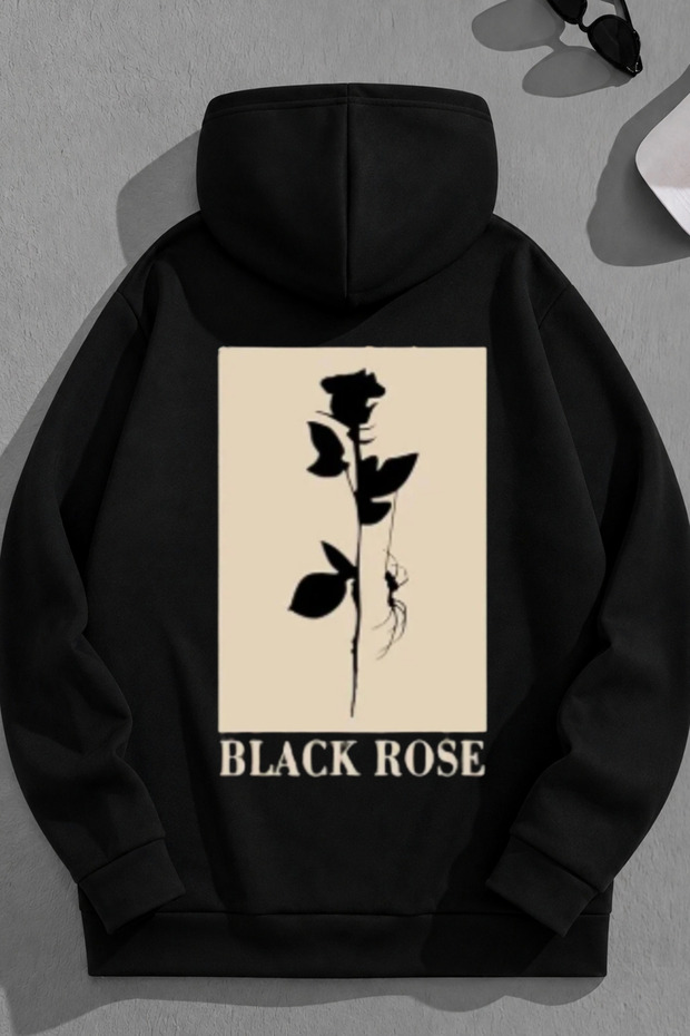 Unisex 3 Thread Cotton Black Blackrose Print Loose Fit Sweatshirt Hoodie