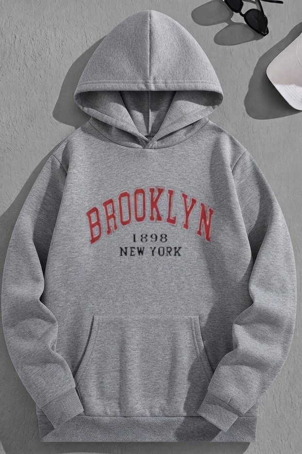 Unisex 3 Thread Cotton Gray Brooklyn1898Ny Print Loose Fit Sweatshirt Hoodie