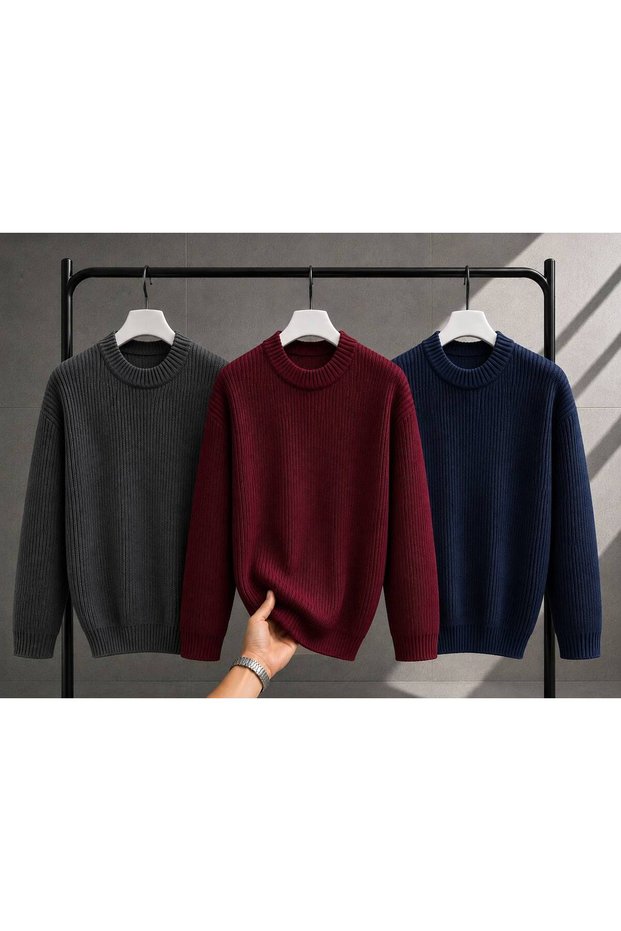 Men's 3-Piece Crew Neck Oversize Knitwear Sweater Soft Knitted Sweater