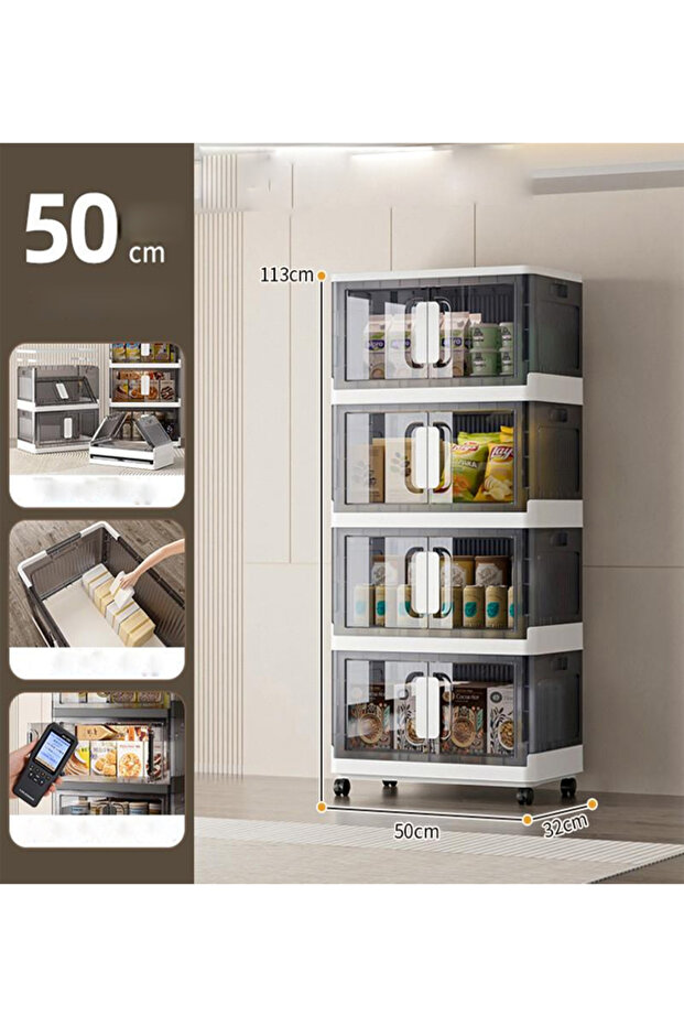 4-Tier Plastic Storage Cabinet with Transparent Doors and Wheels, 50 x 32 x 113 cm