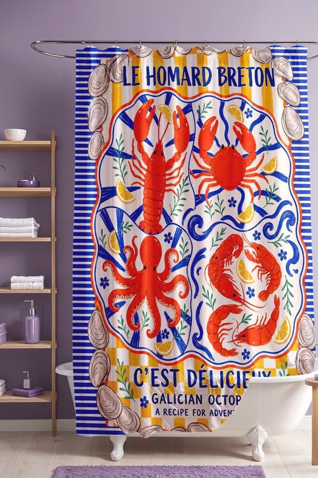 Le Homard Breton Patterned Bathroom Curtain, Shower Curtain, Bathtub Curtain 175X200Cm