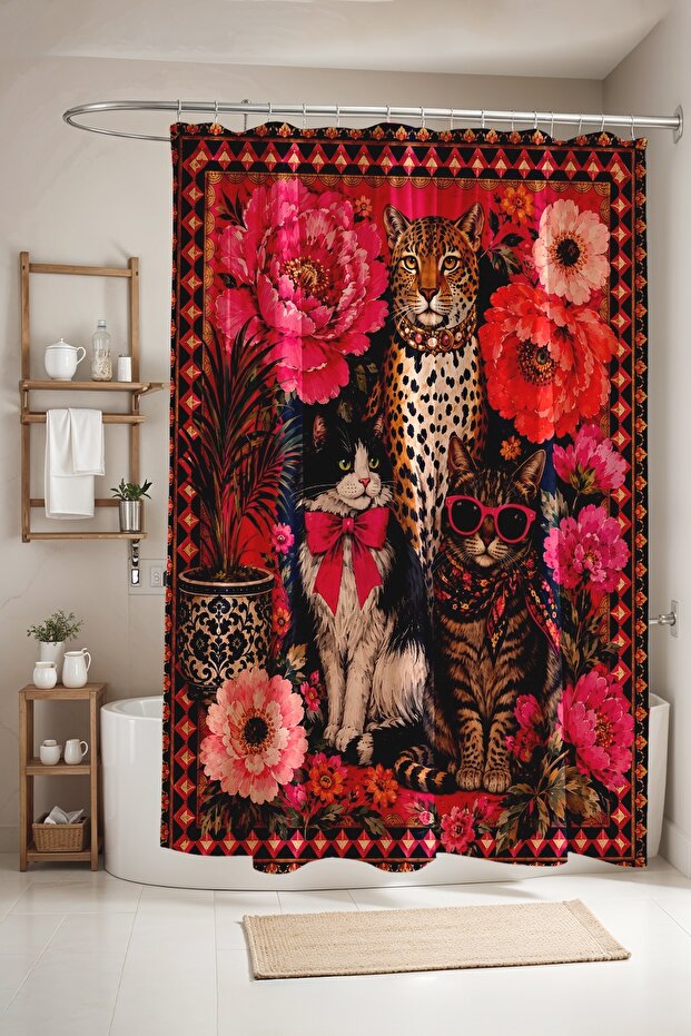Cat and Leopard Pattern in Botany Bathroom Curtain, Shower Curtain, Bathtub Curtain 175X200Cm