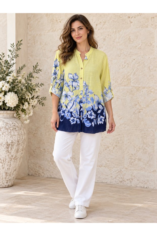 Women's Italian Cotton Fabric Long Sleeve Patterned Plus Size Shirt 46-50