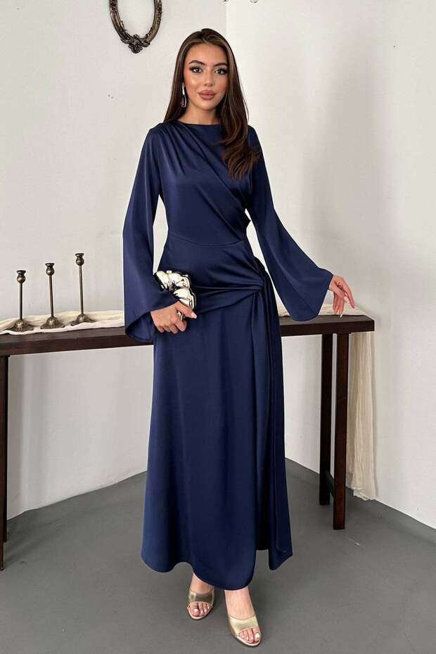 Navy blue side-tie satin dress