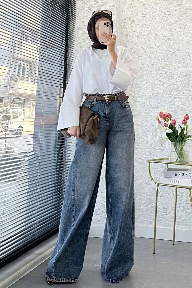 Premium Side-Stitched Palazzo Jean Trousers - Blue