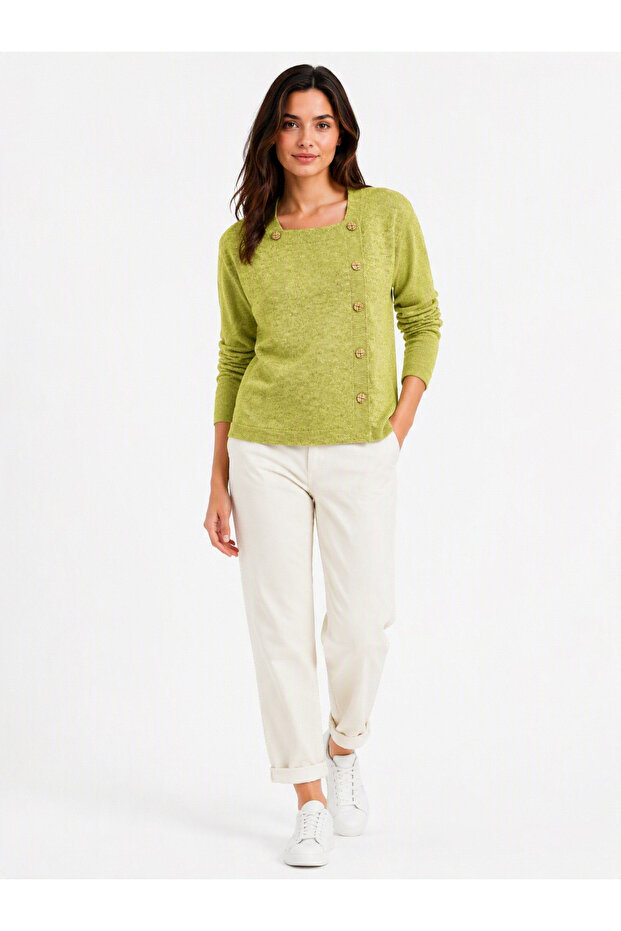 Square Collar Buttoned Knit Sweater - Mustard