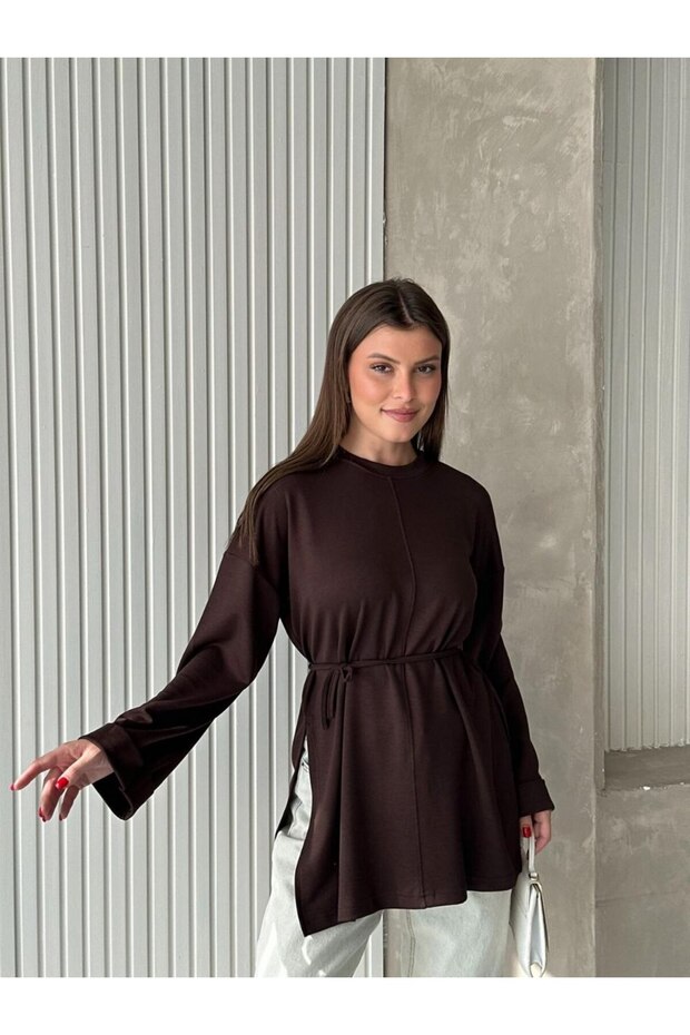 Crew Neck Side Slit Lace-Up Tunic Brown