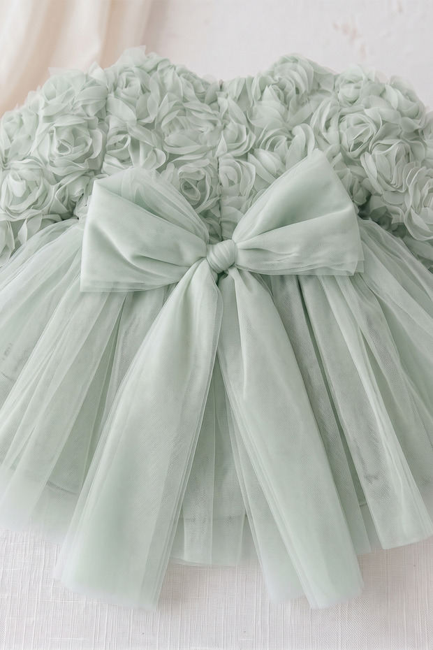 Baby Girl Child 3D Rose Long Sleeve Tulle Bow Birthday Party Special Occasion Cotton Evening Dress 6-9 Months 5 Years