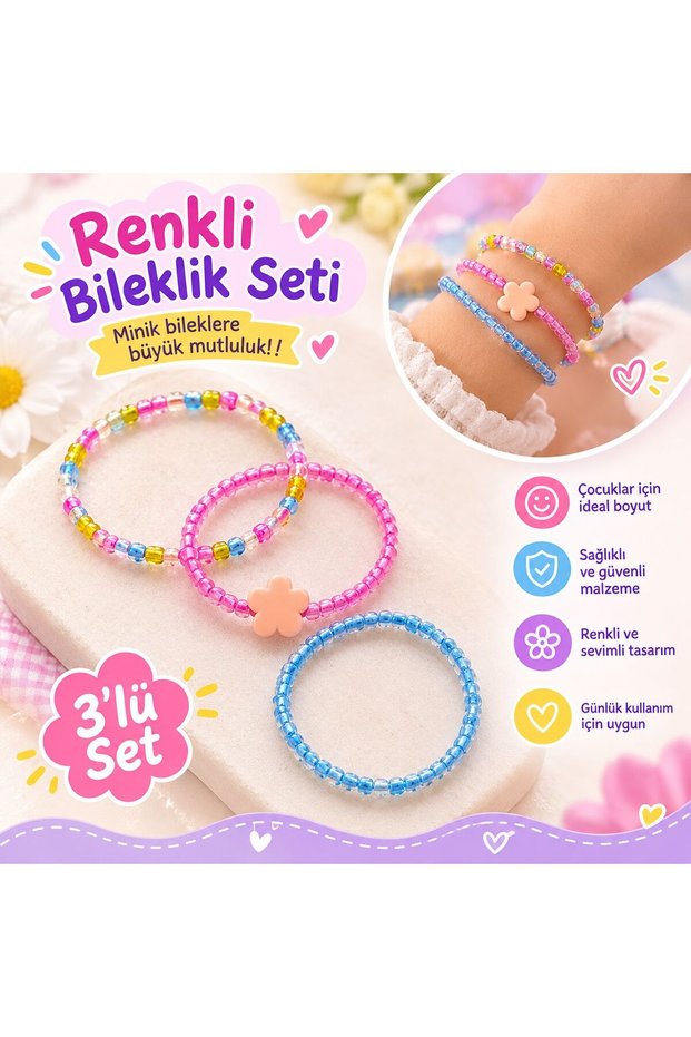 Colorful Beaded Children's Bracelet Set - 3-Piece, Flower Figured, Girls' Jewelry