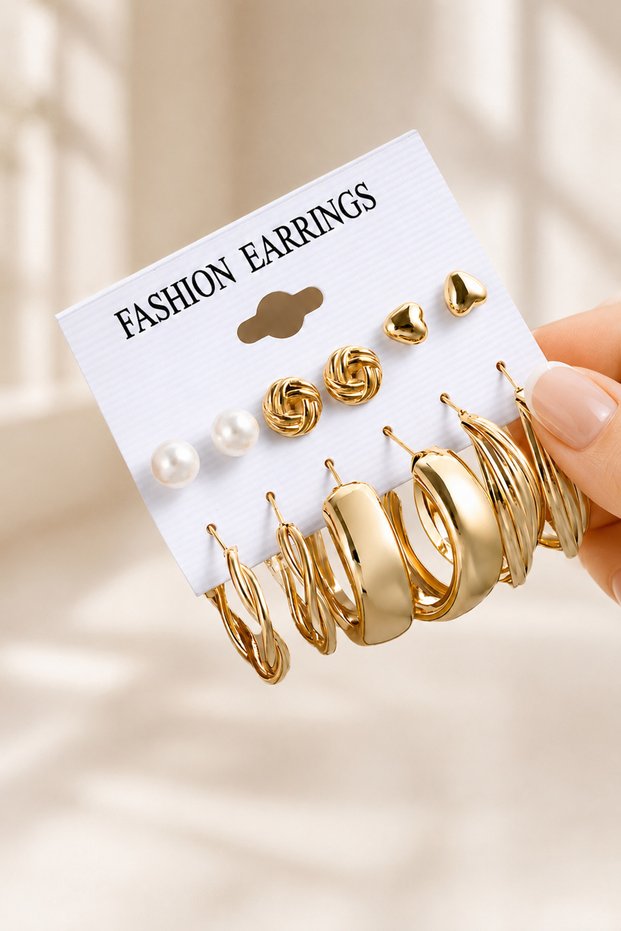 Women's Gold 6-Piece Earring Set Pearl Heart Knot and Hoop Model Multiple Earrings