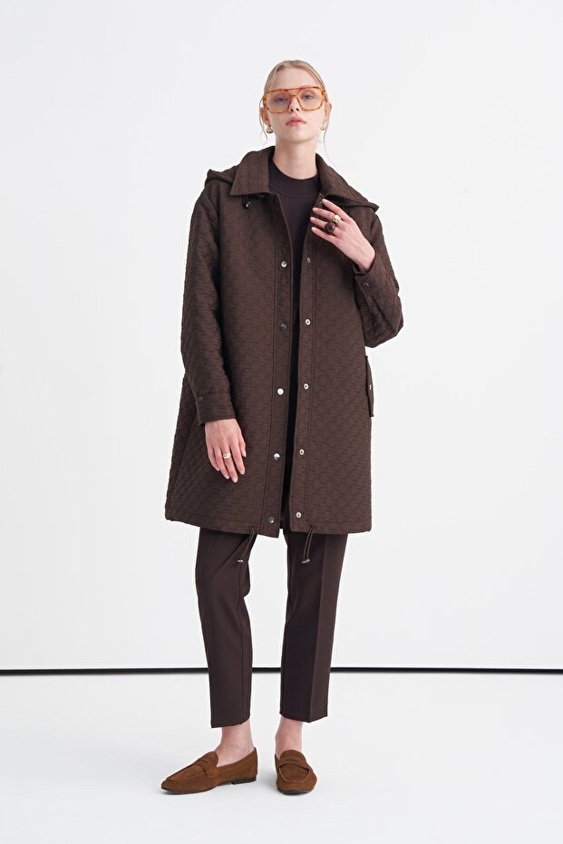 Hooded Pocket-Covered Short Brown Coat 13876