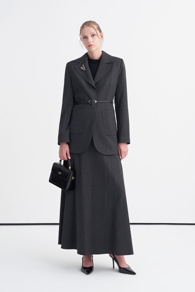 Brooch Belted Herringbone Patterned Undergarment Three-Piece Combination Black Suit 2059