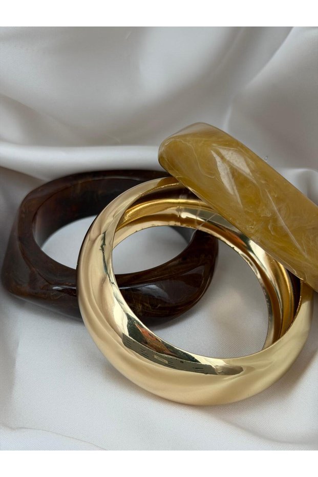 Gold Color and Brown Thick Bracelet Set – Oval Design Stylish Modern Women's Bracelet Jewelry Accessory