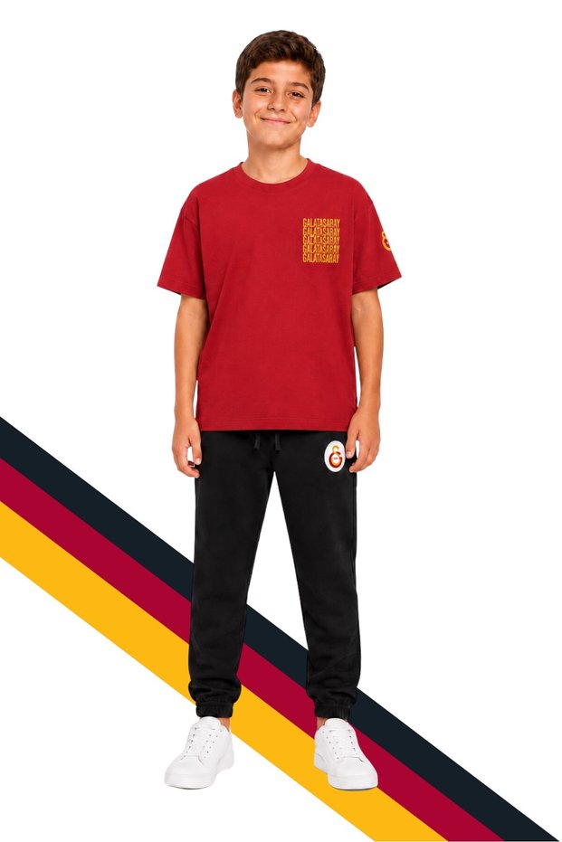 Children's Letter Printed Red T-Shirt and Black Sweatpants, Tracksuit Set