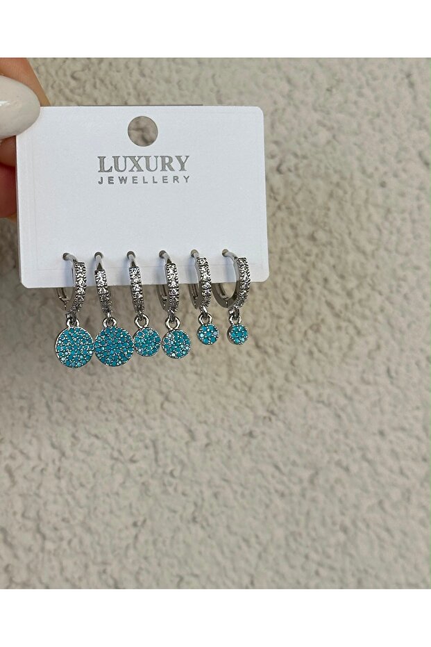Women's Steel 3-Piece Blue Zircon Stone Hoop Earring Set 3 Sizes Round Dangle Earrings