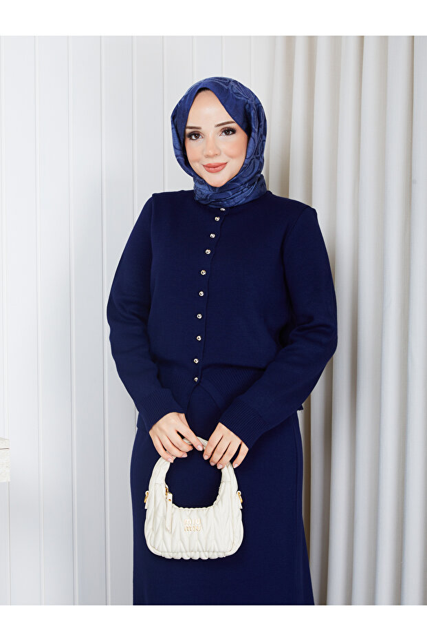New Season Women's Buttoned Basic Knitwear Skirt Set