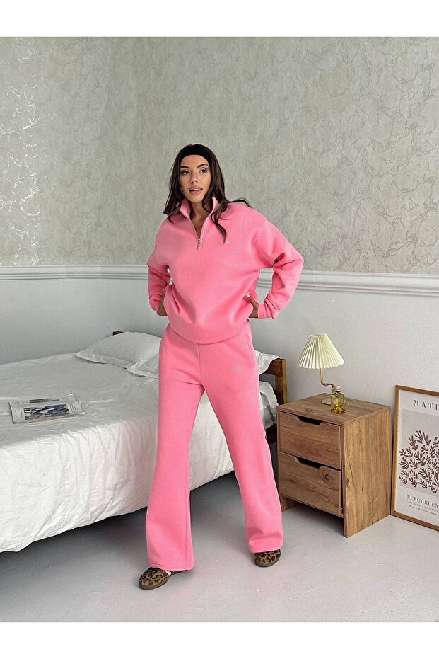 Lo Yg Half Zipper Pink Thick Sweatshirt Pants Oversize Tracksuit Set