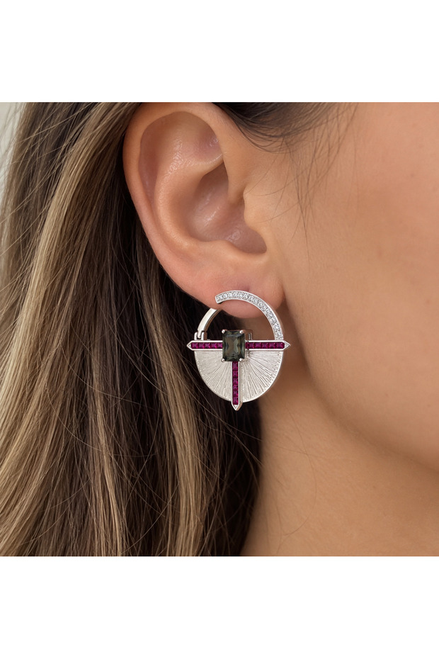 Women's Silver Color Geometric Stone Hoop Earrings
