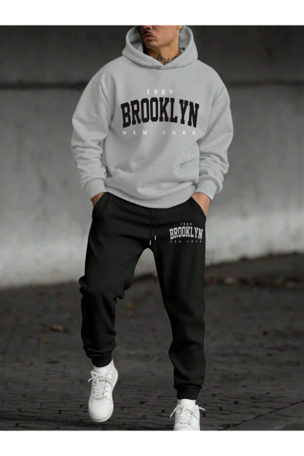 Unisex Cotton Brooklyn Printed Oversize Hooded Top and Bottom Tracksuit Set