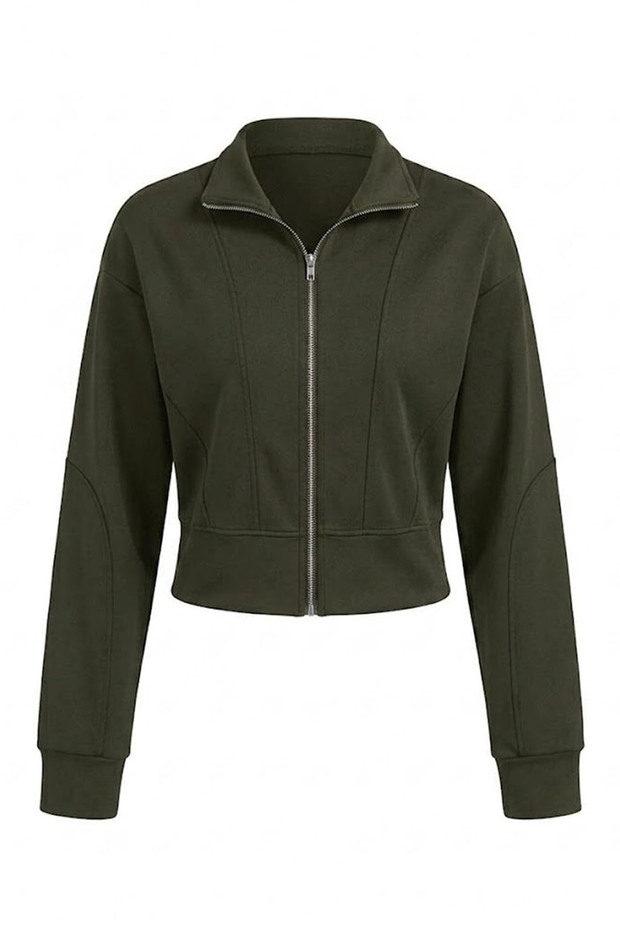 Zippered Stand Collar Sweatshirt Khaki