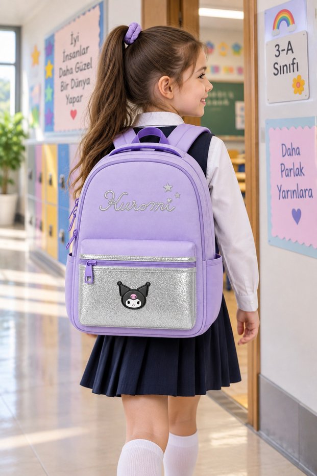 Kuromi Girl's Primary School Bag Lilac School Backpack with Zippered Front Pocket 42 X 28 X 15 cm
