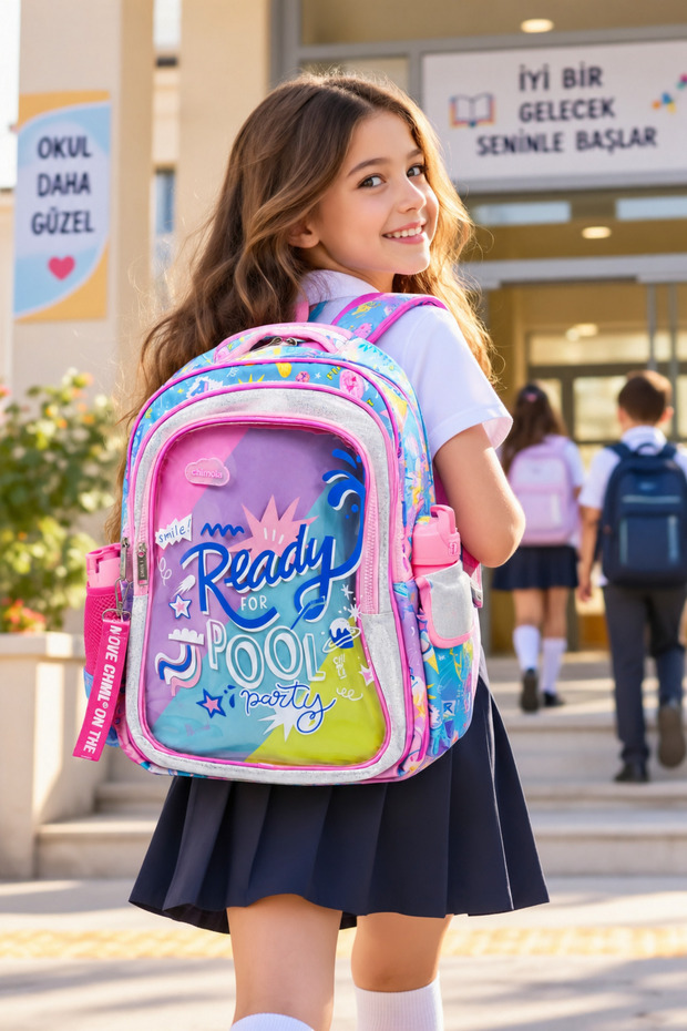 School Backpack Party Pink 3 Compartments Orthopedic with Water Bottle Pocket 42X30X15 cm