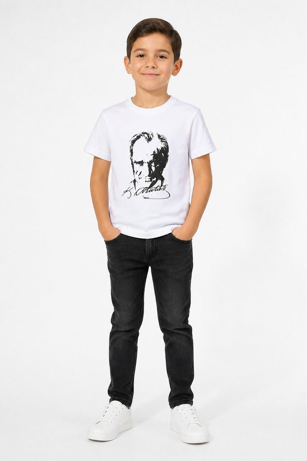 Ataturk Printed T-Shirt Unisex Children's Clothing Black 8-9 Years White