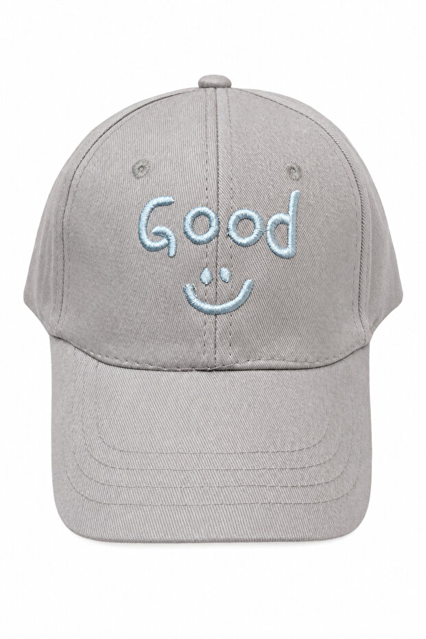 Good Written Embroidered Smiley Face Detailed Adjustable Light Gray Baseball Cap