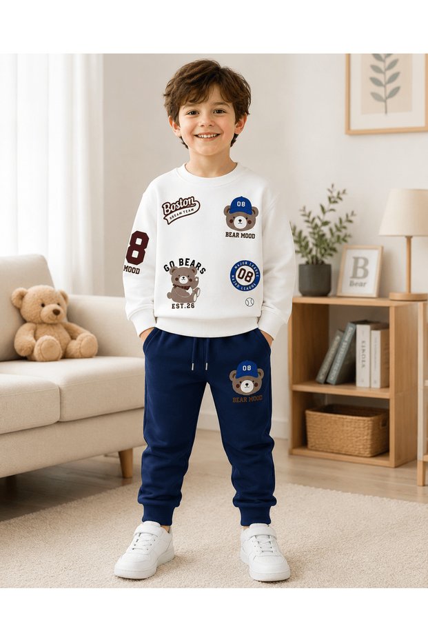 Boy's Teddy Bear Printed Sweatshirt and Sweatpants Set Cotton Fabric