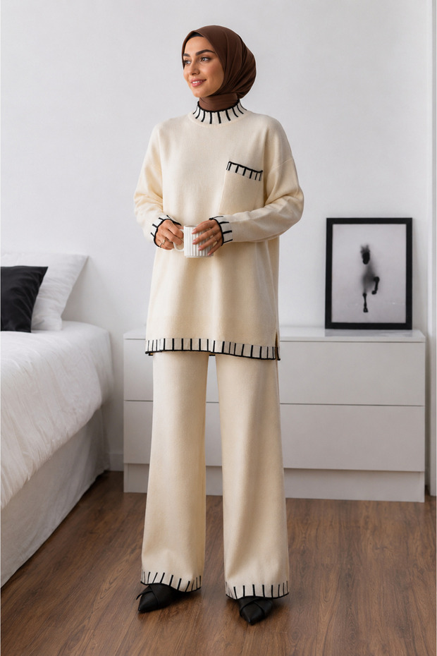 Black Cream Green Comfortable Tunic Pants Hijab Knitwear Set
