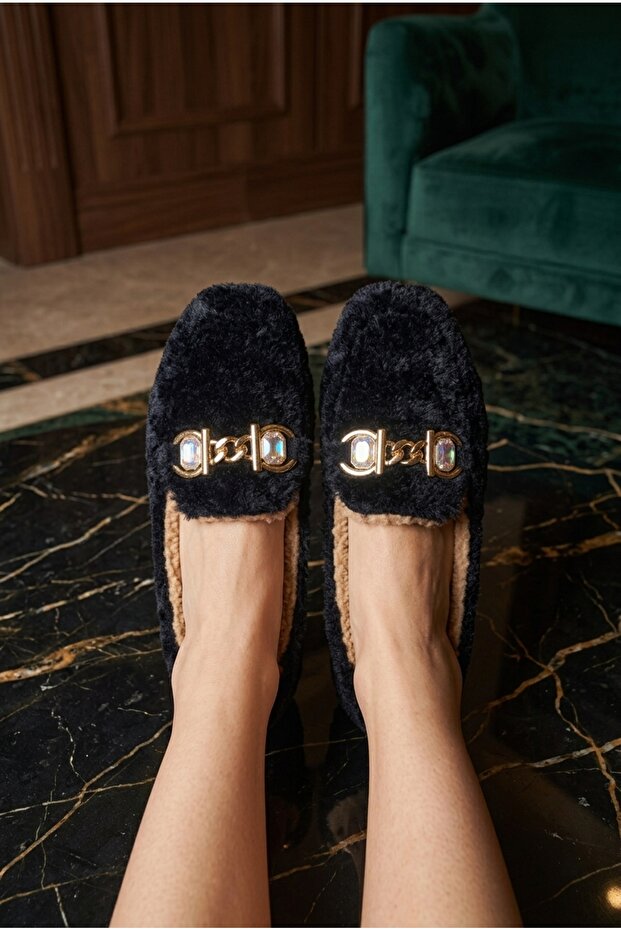 Women's Black Lux Comfortable Ballerina Shoes with Chain Accessories, Suitable for Home and Daily Wear