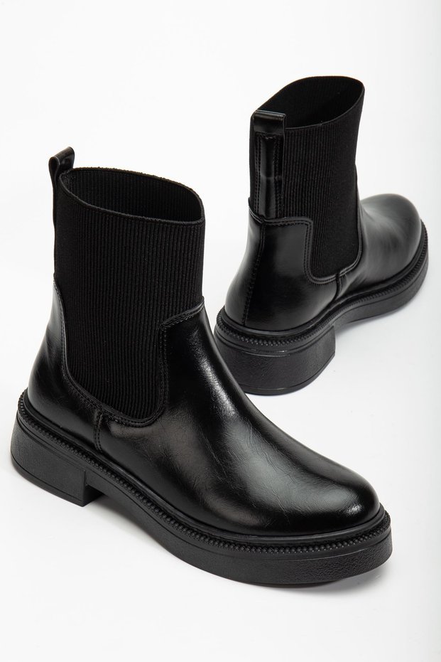 Women's Black Elastic Side Strap Thick Sole Boots