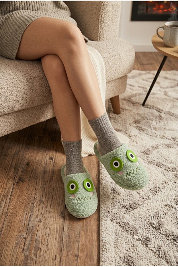 Green Frog Plush Eyed Design Soft Sole House Slippers