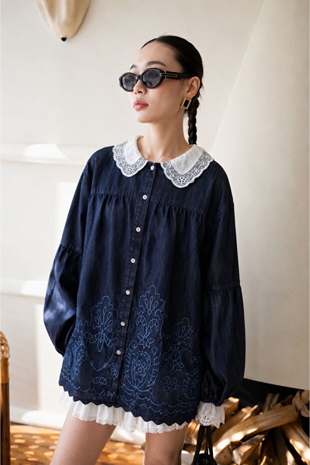 Embroidered Ruffle Collar Long Sleeve Women’s Top