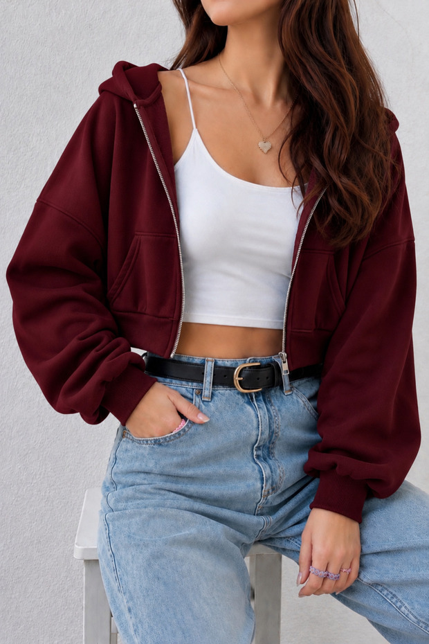 Burgundy Crop Zippered Short Cardigan