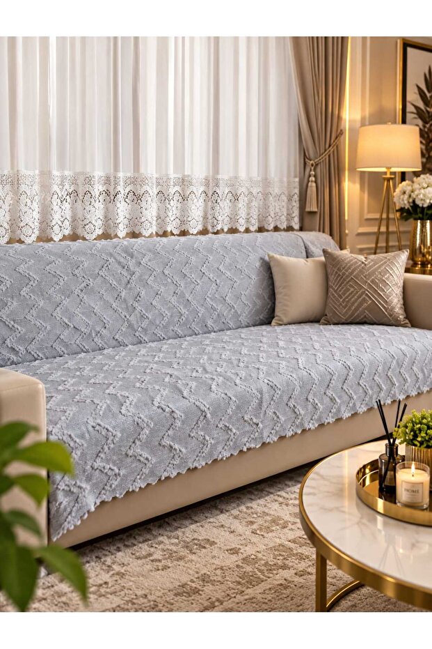 Premium Chenille Jacquard Woven Bearded Gray Color Sofa Cover 175X210