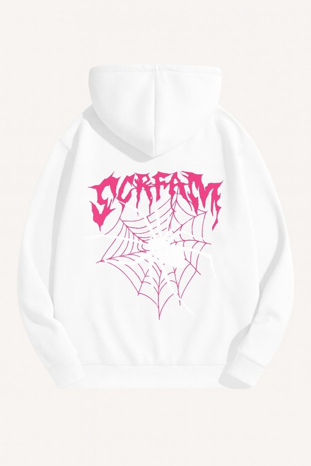 Unisex Oversize 3 Thread Raster Printed Hooded Sweatshirt with Kangaroo Pockets "Spider Web and Scream Written"