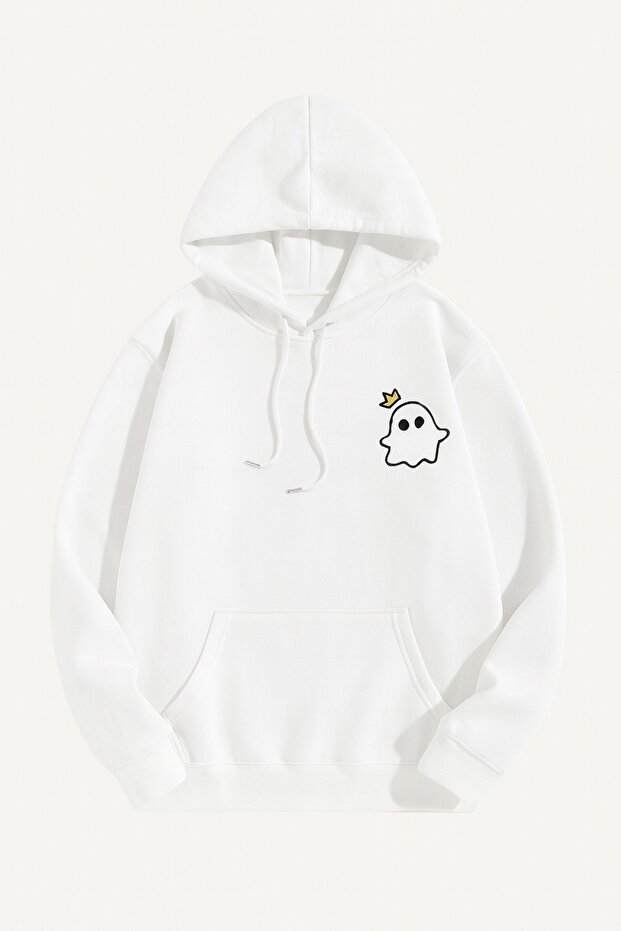 Unisex Oversize 3 Thread Yarn Kangaroo Pocket "Crowned Little Ghost" Printed Hooded Sweatshirt