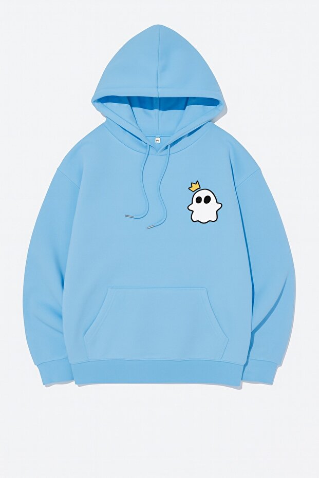Unisex Oversize 3 Thread Yarn Kangaroo Pocket "Crowned Little Ghost" Printed Hooded Sweatshirt